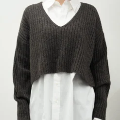 C.T.plage - Pull Col V Longsleeve Rib - Marron
