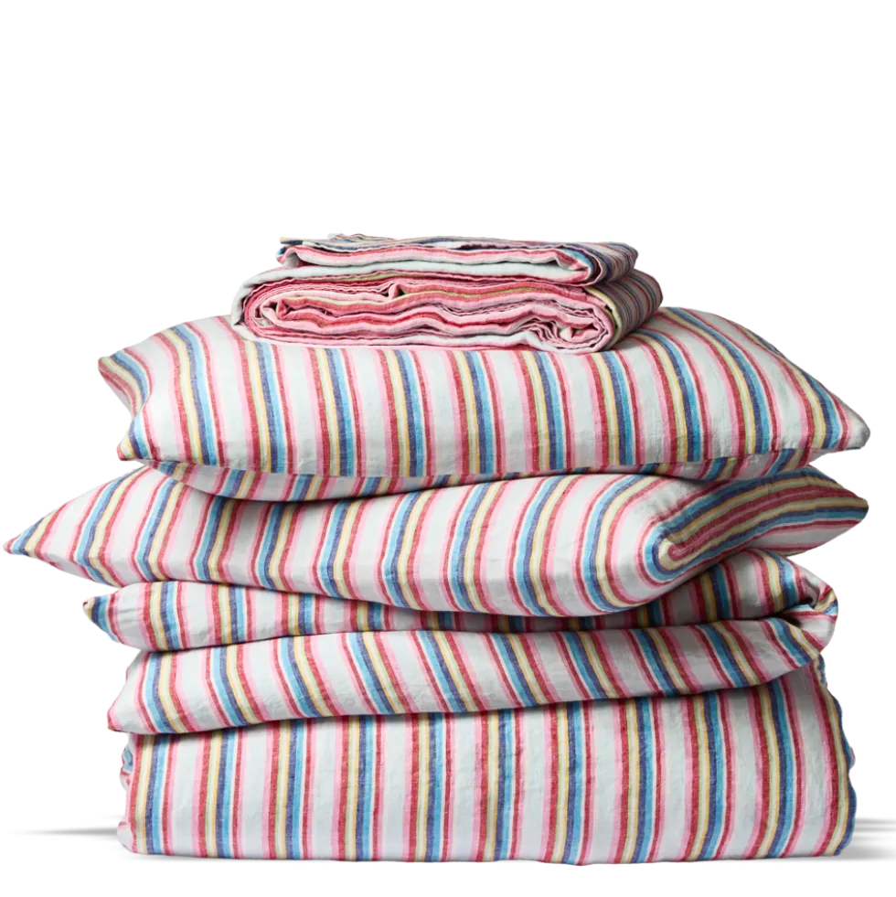 Drap plat en lin lavé - Rayures Parasol
