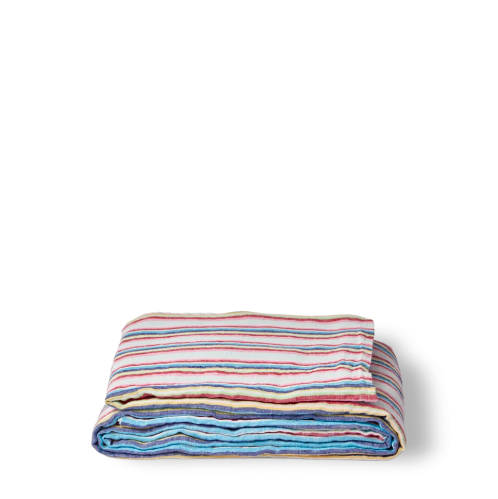 Drap plat en lin lavé - Rayures Parasol