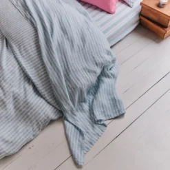Drap plat en lin lavé - Rayures Pinceau Bleu Primaire