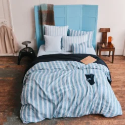 Housse de couette en lin lavé - Rayures Palette Bleu Primaire