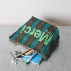 Merci - Pochette en coton - Bleu, Marron & Vert