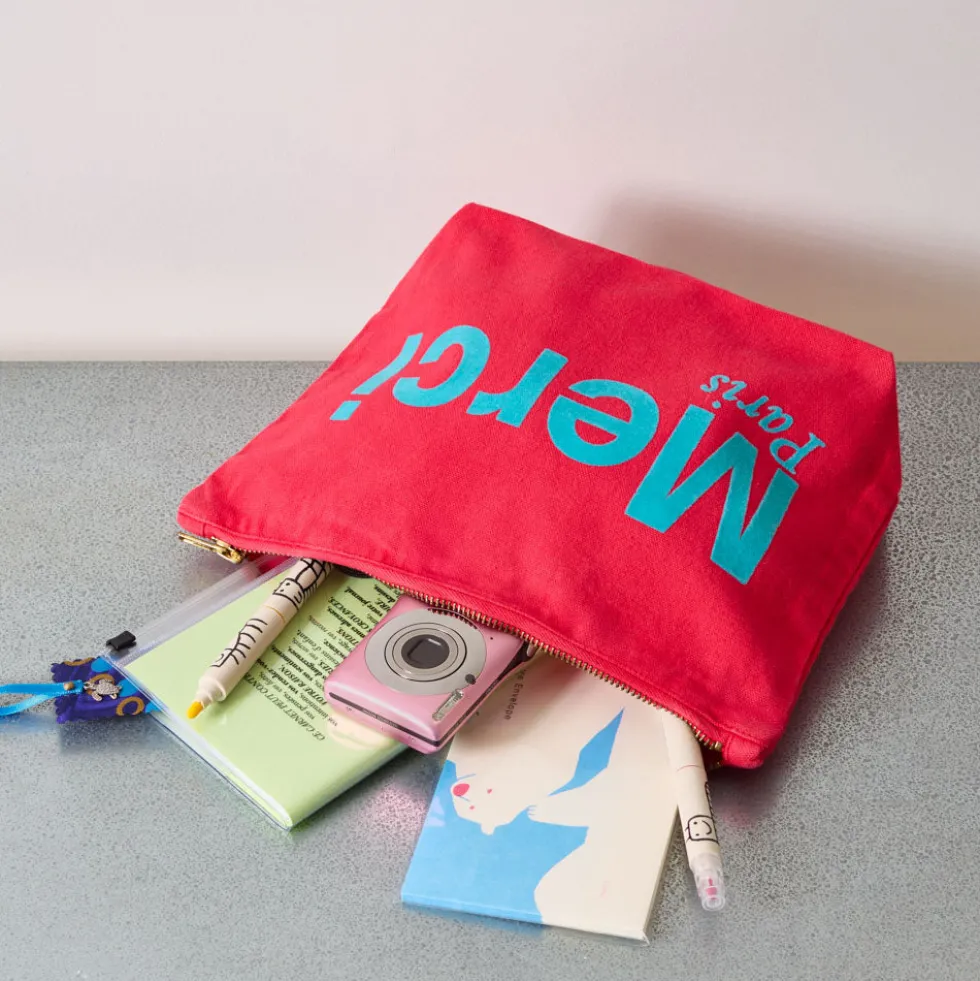 Merci - Pochette en coton - Framboise & Turquoise