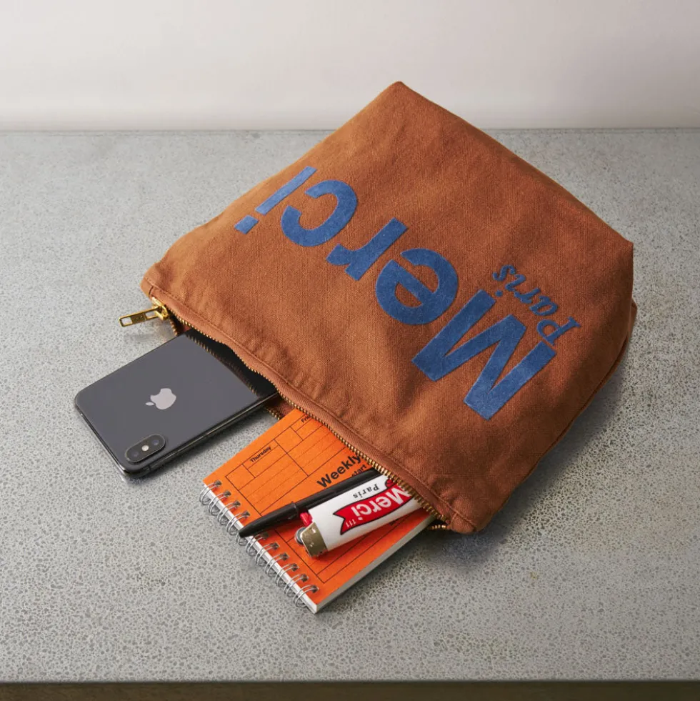 Merci - Pochette en coton - Marron & Marine