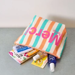 Merci - Pochette en coton rayé - Turquoise & Abricot