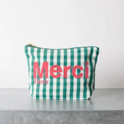 Merci - Pochette en coton - Vert, Crème & Rose