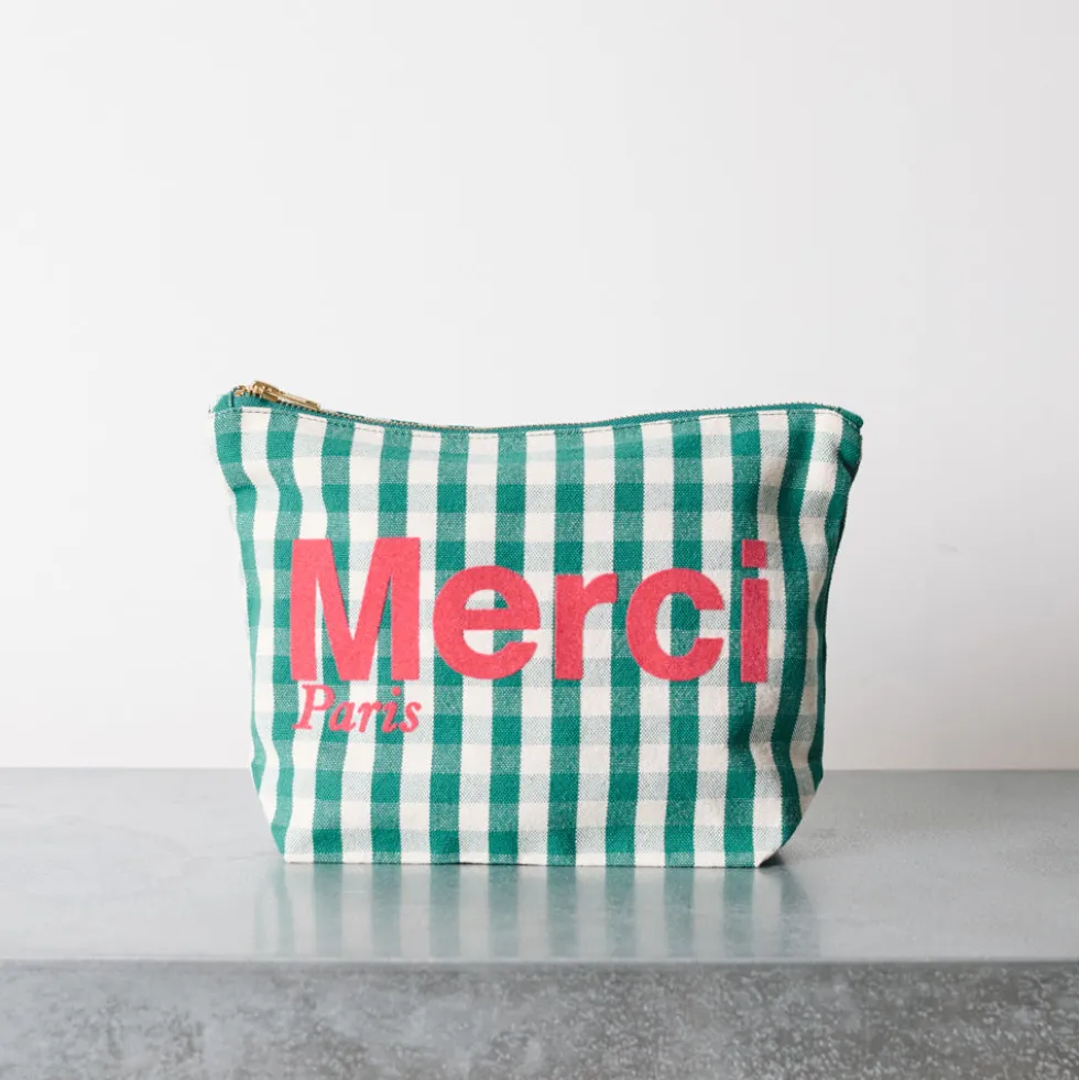 Merci - Pochette en coton - Vert, Crème & Rose