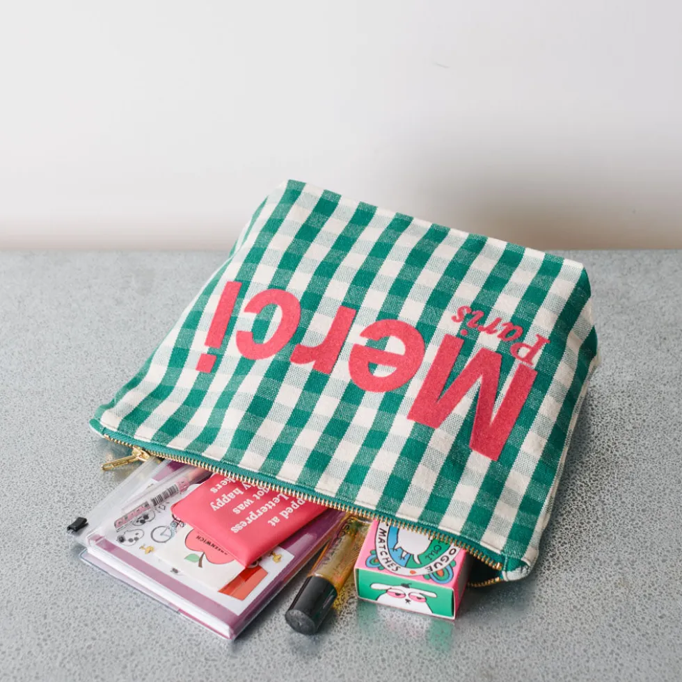Merci - Pochette en coton - Vert, Crème & Rose