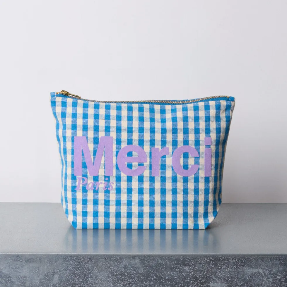 Merci - Pochette en coton Vichy - Bleu & Ecru