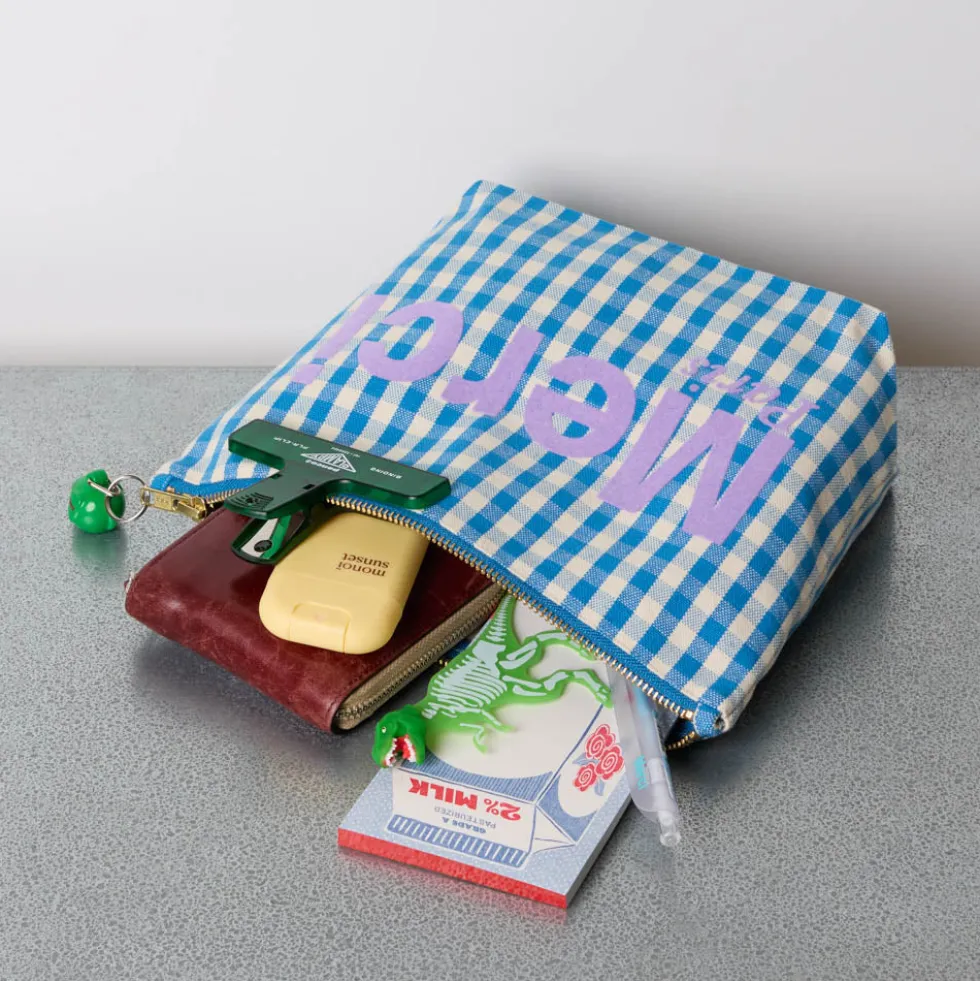 Merci - Pochette en coton Vichy - Bleu & Ecru