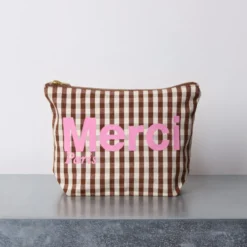 Merci - Pochette en coton Vichy - Marron & Ecru