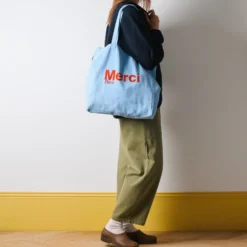Merci - Tote Bag en coton - Bleu bébé & Rouge