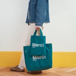 Merci - Tote Bag en coton - Bleu canard & Blanc