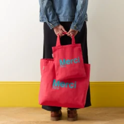 Merci - Tote Bag en coton - Framboise & Turquoise