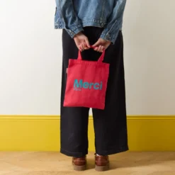 Merci - Tote Bag en coton - Framboise & Turquoise