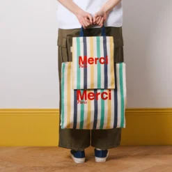 Merci - Tote Bag en coton rayé - Bleu Nuit & Banane