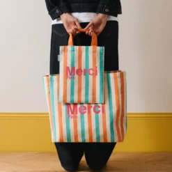 Merci - Tote Bag en coton rayé - Turquoise & Abricot