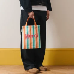 Merci - Tote Bag en coton rayé - Turquoise & Abricot
