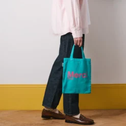 Merci - Tote Bag en coton - Turquoise & Rose