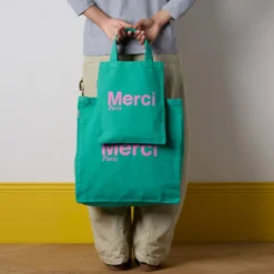 Merci - Tote Bag en coton - Vert & Rose