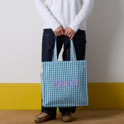 Merci - Tote Bag en coton Vichy - Bleu & Ecru