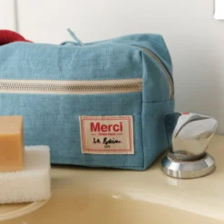 Merci - Trousse de toilette en lin lavé - Bleu Primaire