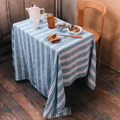 Nappe en lin lavé - Rayures Palette Bleu Primaire