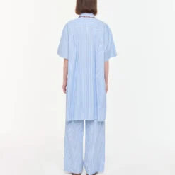 PLAN C - Pantalon Wide Leg Striped - Bleu & Blanc