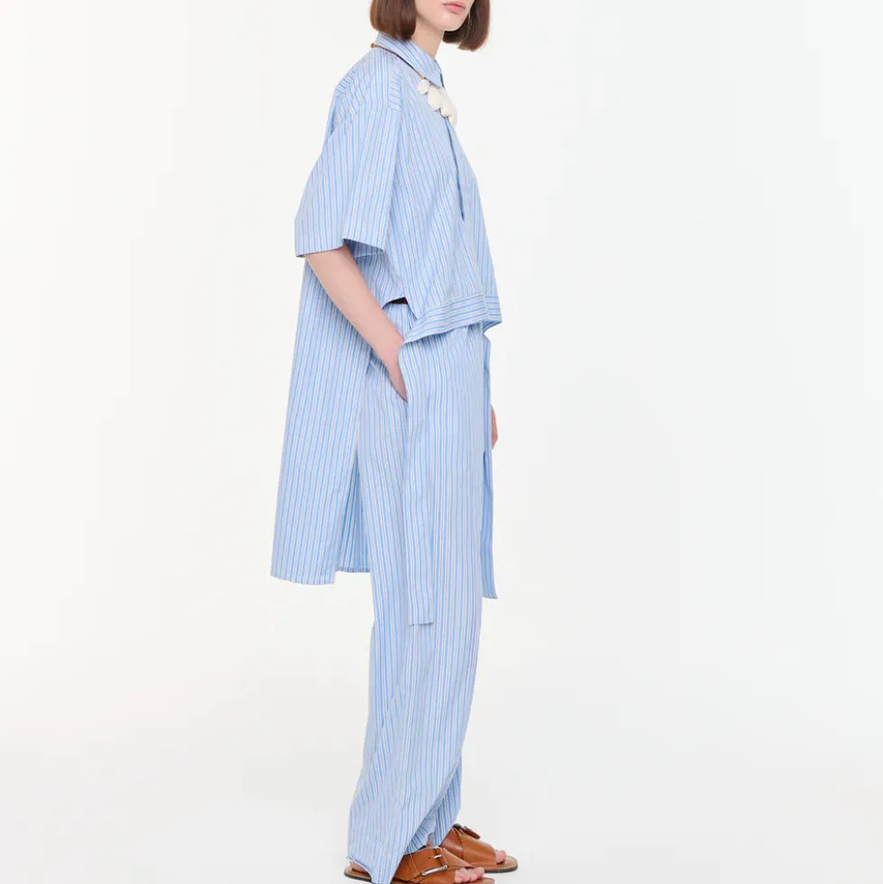 PLAN C - Pantalon Wide Leg Striped - Bleu & Blanc