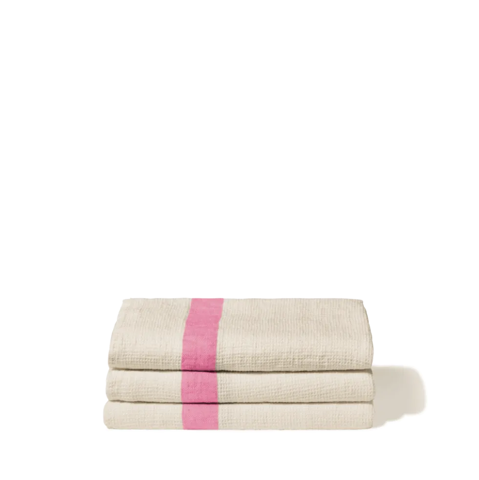 Serviette de bain en lin - Nid d'abeille - Bande Rose Garance