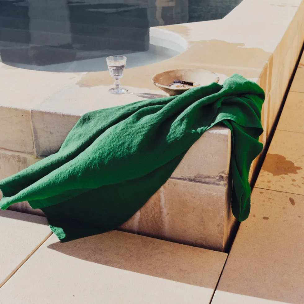 Serviette de bain en lin - Nid d'abeille - Vert Potager