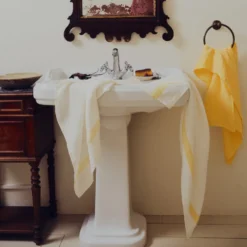 Serviette de bain en lin - Nid d'abeille - Bande Jaune Citronnade