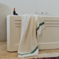 Serviette de bain en lin - Nid d'abeille - Bande Vert Potager