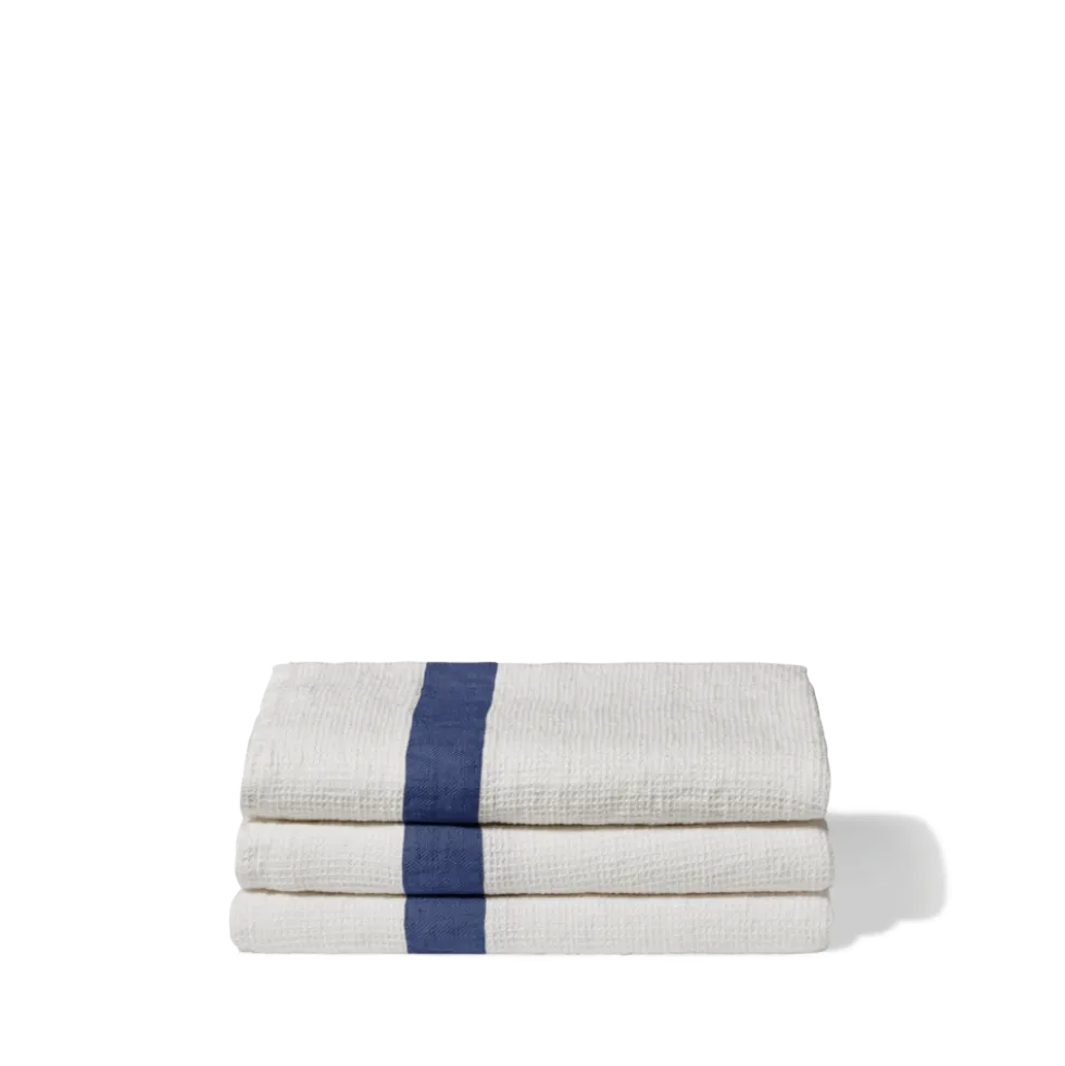 Serviette de bain en lin - Nid d'abeille - Bande Bleu Pacifique