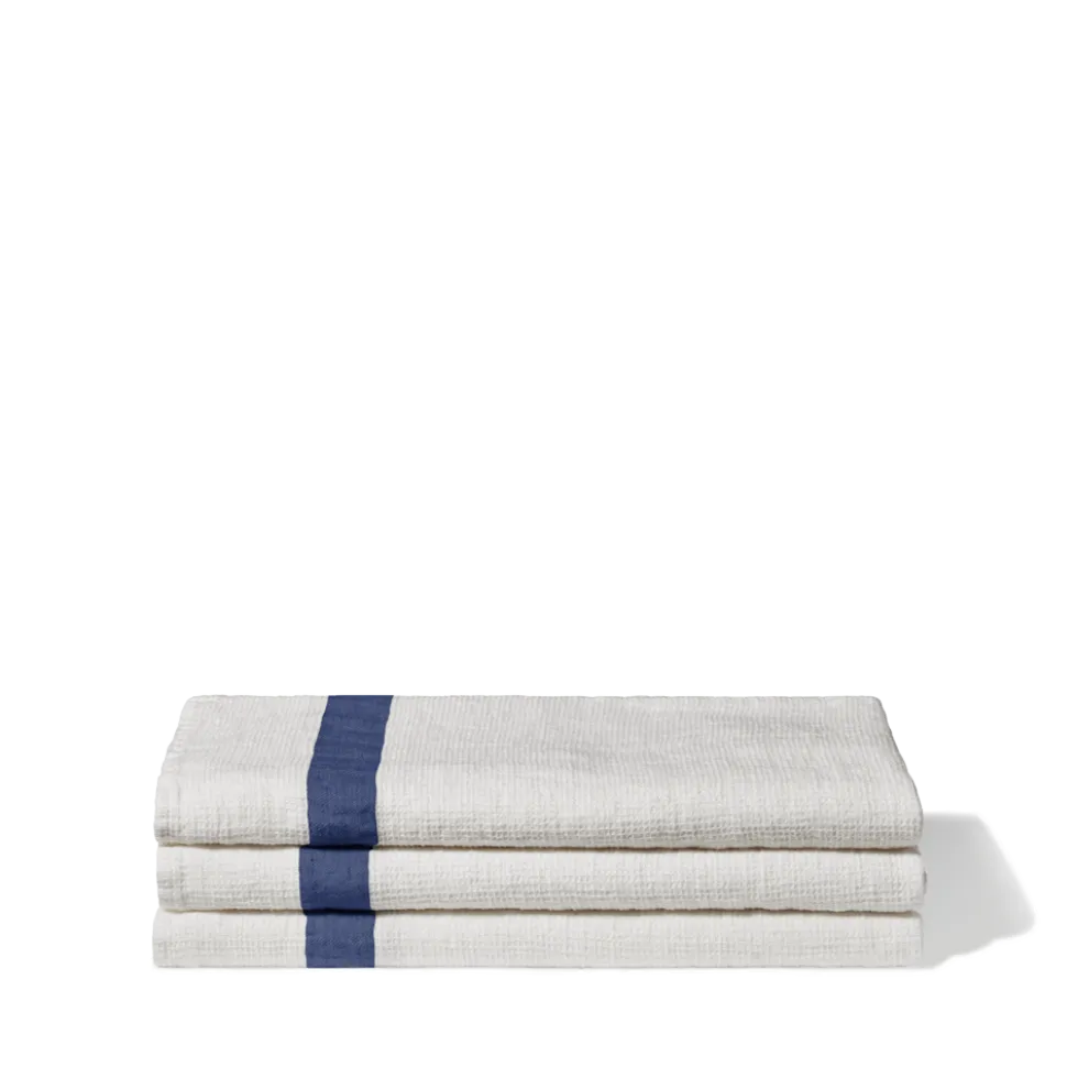Serviette de bain en lin - Nid d'abeille - Bande Bleu Pacifique