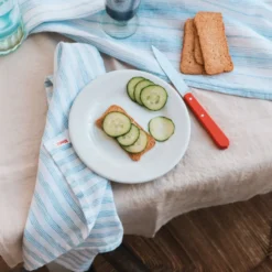 Serviette de table en lin lavé - Rayures Pinceau Bleu Primaire